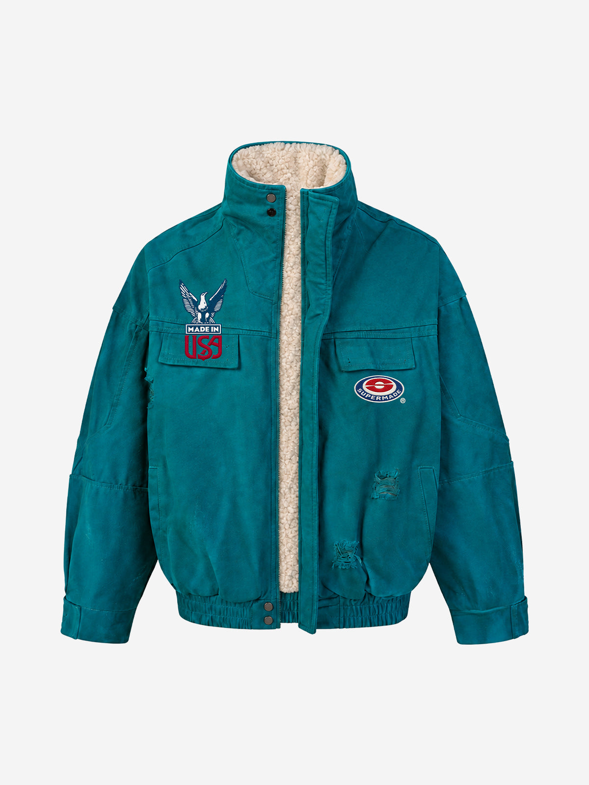 Embroidered Badge Distressed Fleece-Lined Teal Bomber Coat