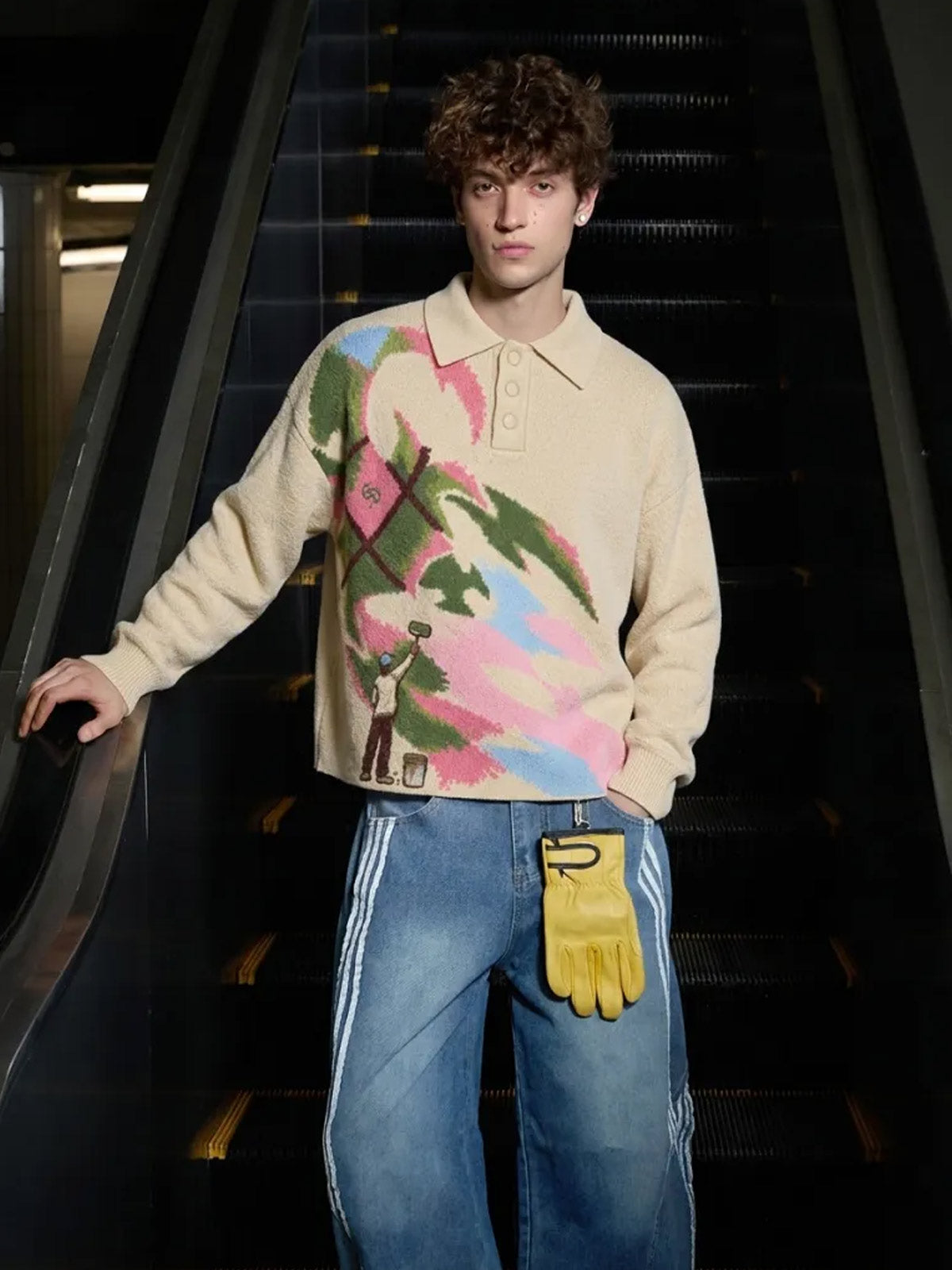 Art Story Graphic Jacquard Knit Polo Sweater; Apricot / S, Apricot / M, Apricot / L, Apricot / XL, Apricot / 2XL