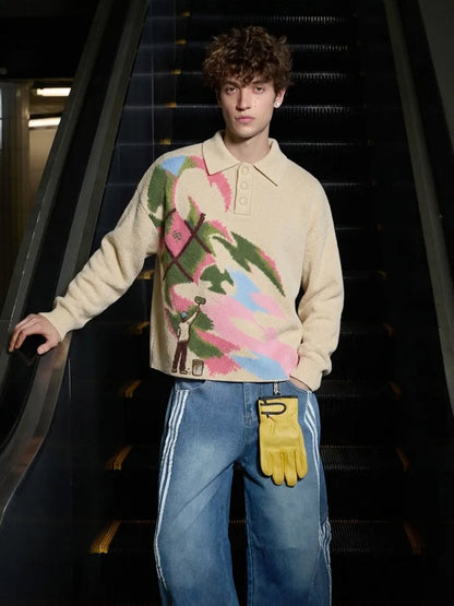 Art Story Graphic Jacquard Knit Polo Sweater; Apricot / S, Apricot / M, Apricot / L, Apricot / XL, Apricot / 2XL
