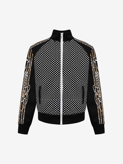 Polka-Dot Script Graphic Jacket; Black / M, Black / L, Black / XL