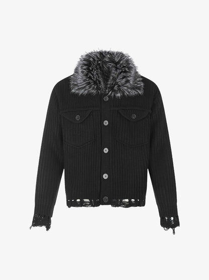 Faux-Fur Collar Distressed Knit Cardigan