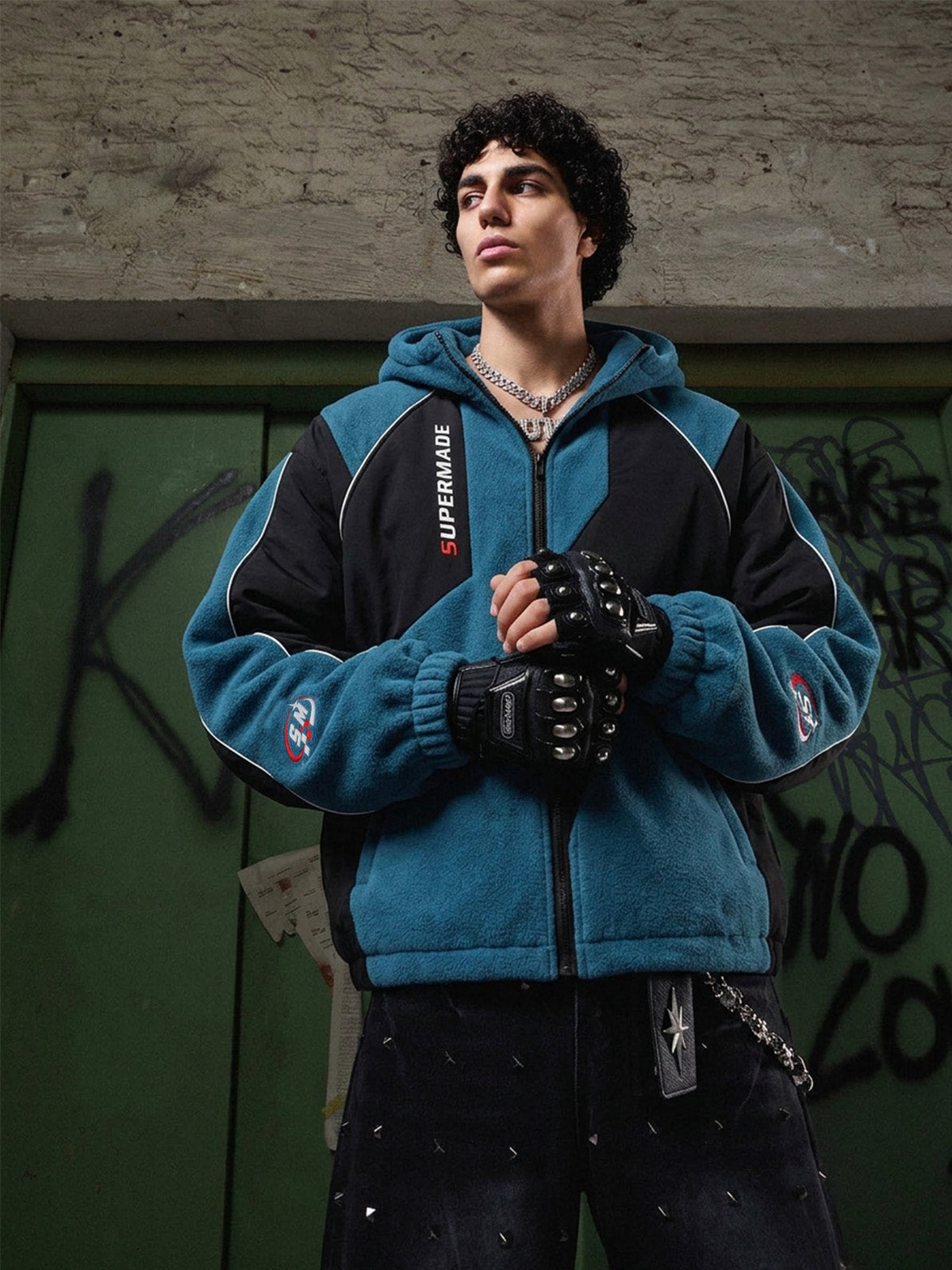 Color-Block Sherpa Panel Zip-Up Hooded Jacket