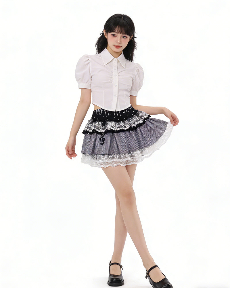 Patchwork Plaid Lace Mini Skirt