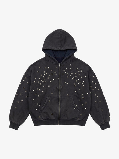 Metallic Studded Boxy Fit Zip-Up Hoodie
