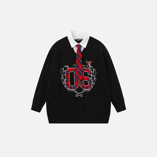 Plaid Letter With Necktie Shirt Embroidery Sweater