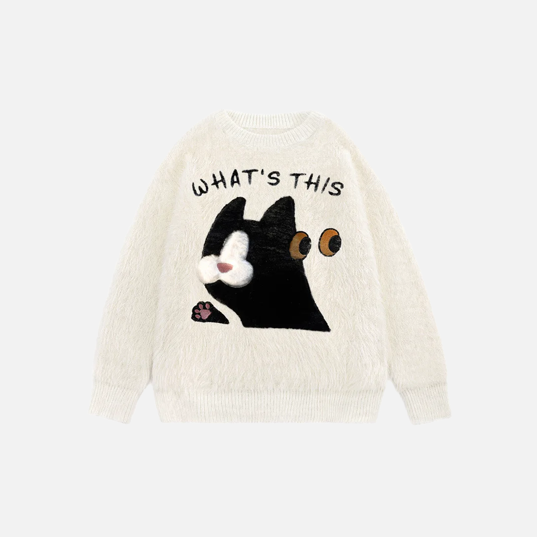 Fuzzy Oversized Cat Print Knit Jumper Sweater