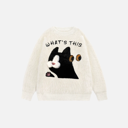 Fuzzy Oversized Cat Print Knit Jumper Sweater