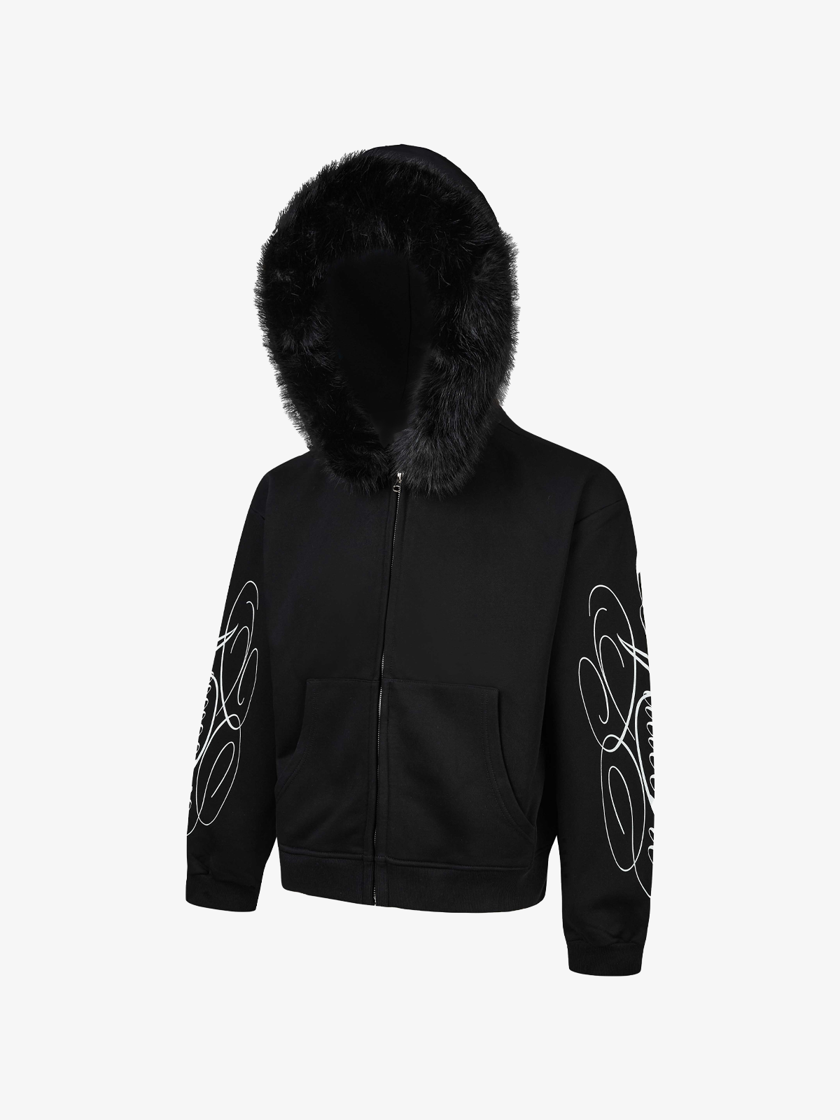Fur-Trim Sleeve Graphic Zip Hoodie; Black / M, Black / L, Black / XL, Black / 2XL