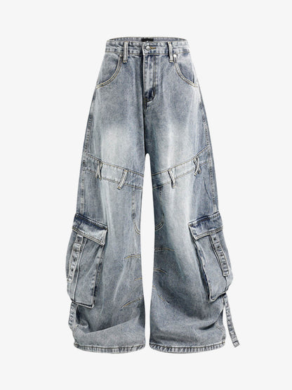 Deconstructed Multi-Pocket Cargo Jeans; Blue / M, Blue / L, Blue / XL, Blue / 2XL, Blue / S