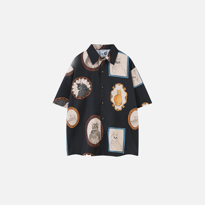 Oversized Loose Cat Graphic Button-Up Shirt