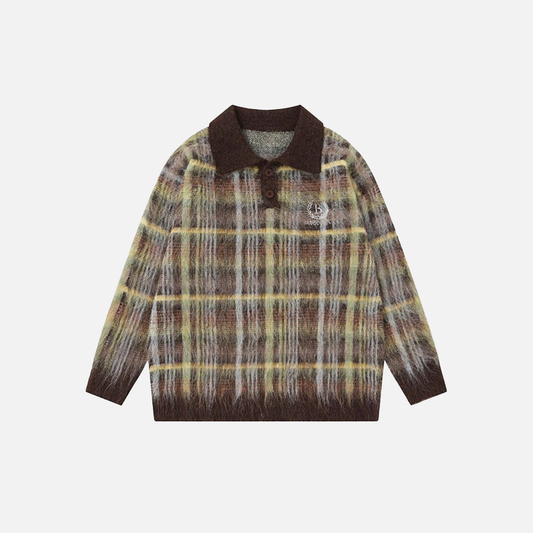 Flattering Oversized Plaid Knit Casual Polo Sweater