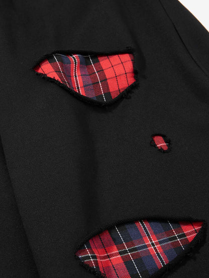 Plaid Patch Distressed Wide-Leg Sweatpants