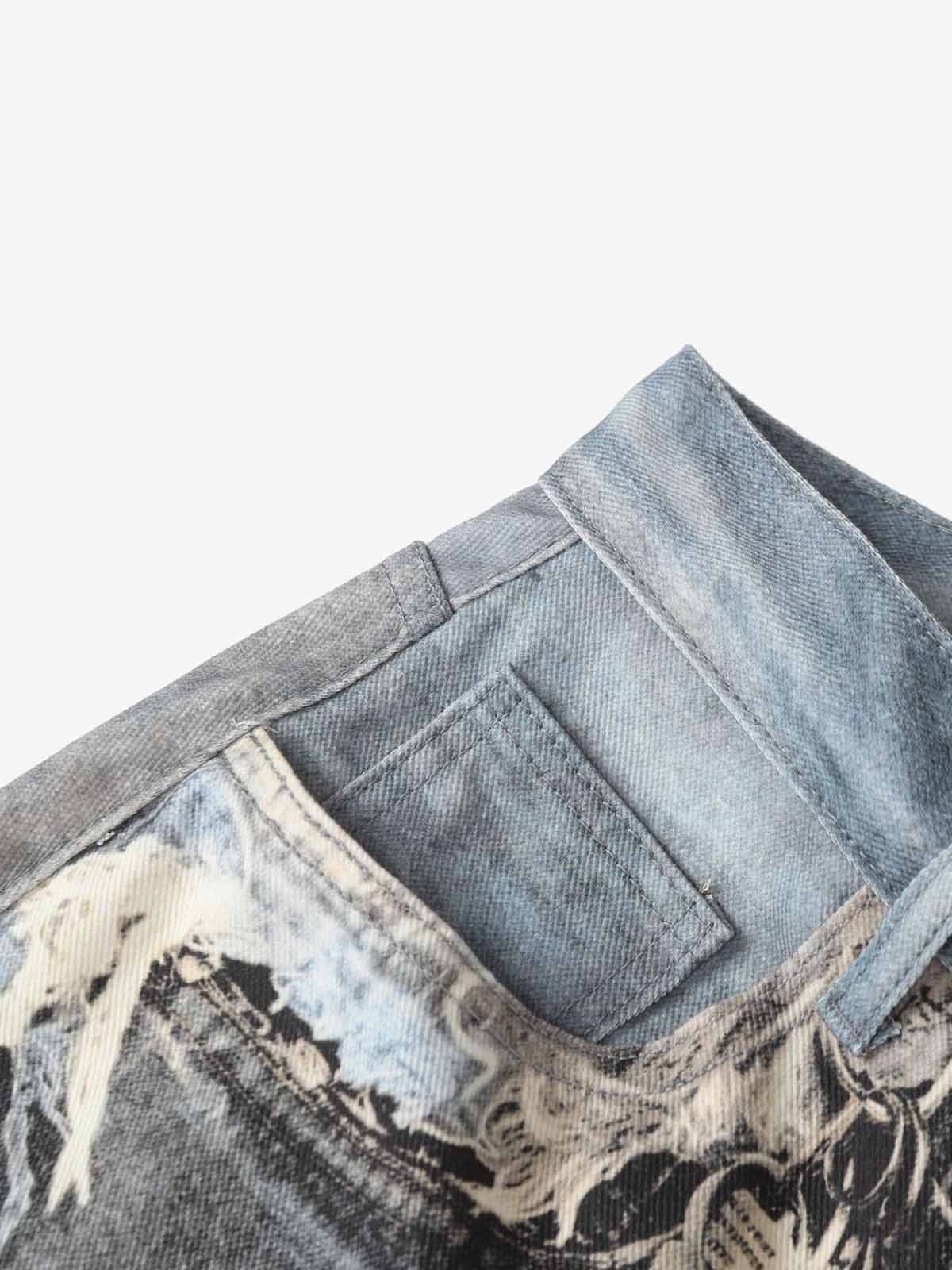 Distressed Patchwork Wide Leg Washed Denim Jeans; Black / M, Black / L, Black / XL
