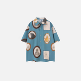 Oversized Loose Cat Graphic Button-Up Shirt