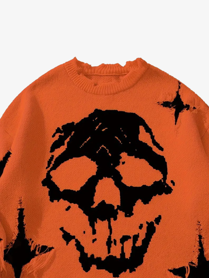 Distressed Skull Jacquard Sweater; Orange / S, Orange / M, Orange / L, Orange / XL, Orange / 2XL