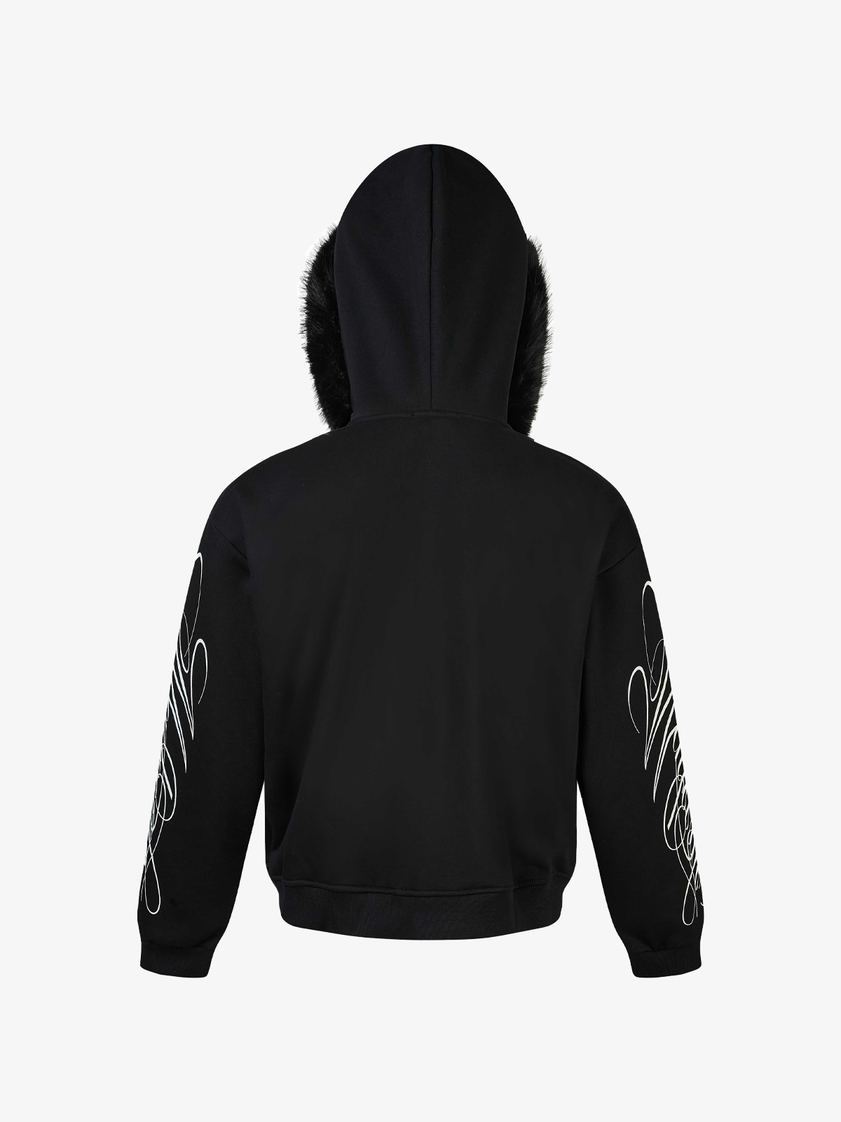 Fur-Trim Sleeve Graphic Zip Hoodie; Black / M, Black / L, Black / XL, Black / 2XL