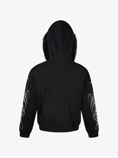 Fur-Trim Sleeve Graphic Zip Hoodie; Black / M, Black / L, Black / XL, Black / 2XL