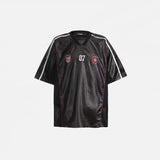 Front view of the black Soccer Jersey 07 T-shirt in a gray background