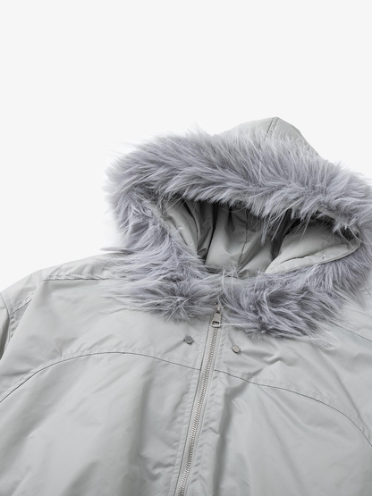 Faux-Fur Hood Ruched-Sleeve Padded Coat