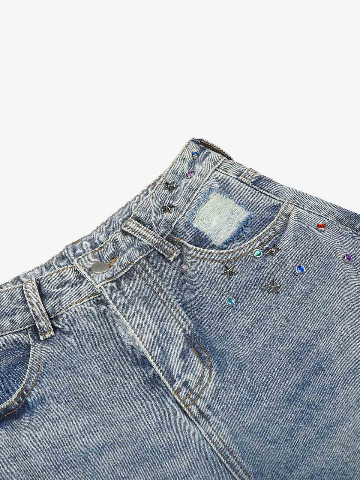 Layered Rhinestone Baggy Jeans; Light Blue / S, Light Blue / M, Light Blue / L, Light Blue / XL