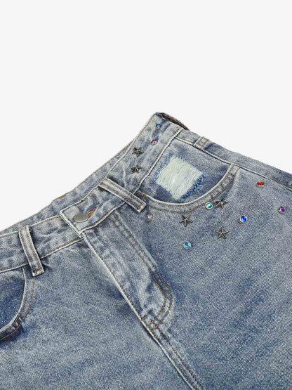 Layered Rhinestone Baggy Jeans; Light Blue / S, Light Blue / M, Light Blue / L, Light Blue / XL