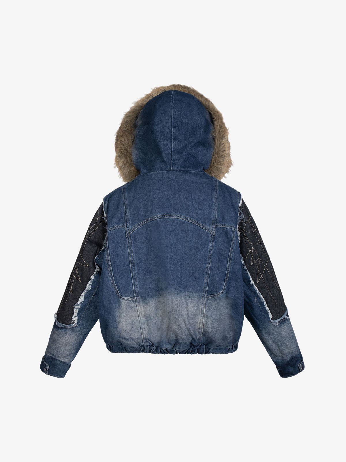 Patchwork Distressed Faux-Fur Collar Denim Jacket; Blue / M, Blue / L, Blue / XL, Blue / S