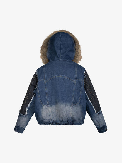 Patchwork Distressed Faux-Fur Collar Denim Jacket; Blue / M, Blue / L, Blue / XL, Blue / S