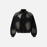 Faded Letter Embroidery Baseball Varsity Denim Jacket