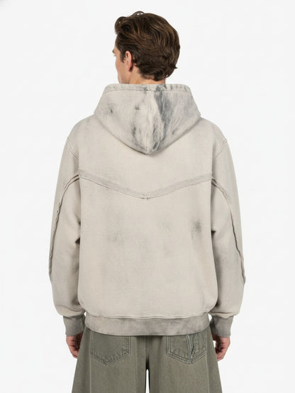 Retro Asymmetric Zip Up Deconstructed Hoodie; Apricot / S, Apricot / M, Apricot / L, Apricot / XL