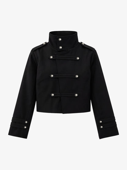 Napoleonic Diagonal-Button Stand-Collar Cropped Jacket