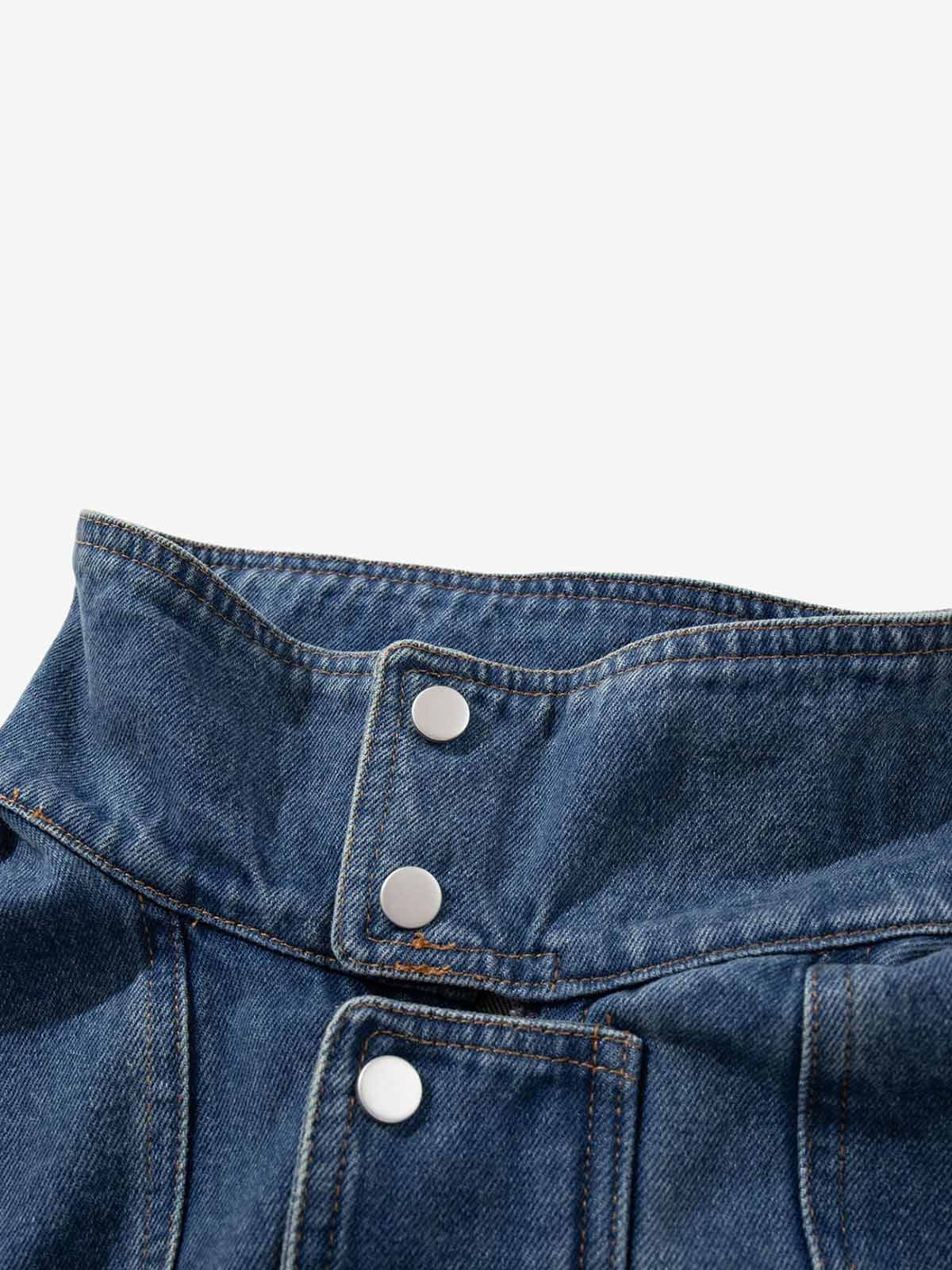 Metal Buckle Paneled Denim Jacket; Blue / M, Blue / L, Blue / XL, Blue / 2XL