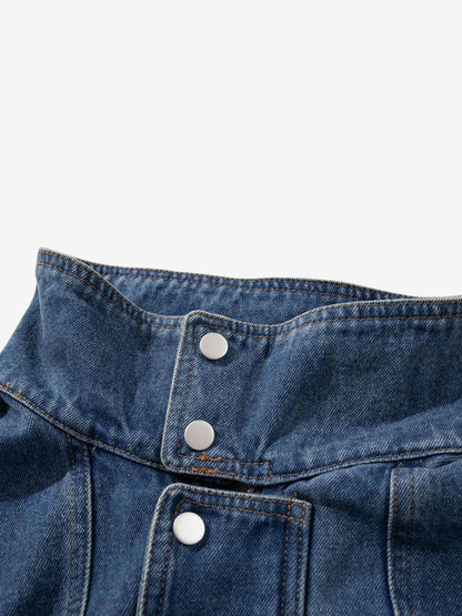Metal Buckle Paneled Denim Jacket; Blue / M, Blue / L, Blue / XL, Blue / 2XL