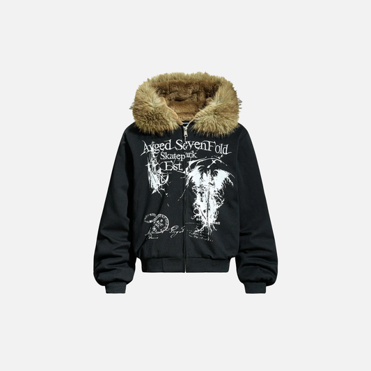 Streetwear Grim Reaper Print Fur Hooded Jacket
