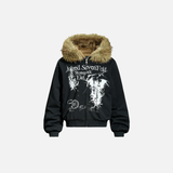 Streetwear Grim Reaper Print Fur Hooded Jacket