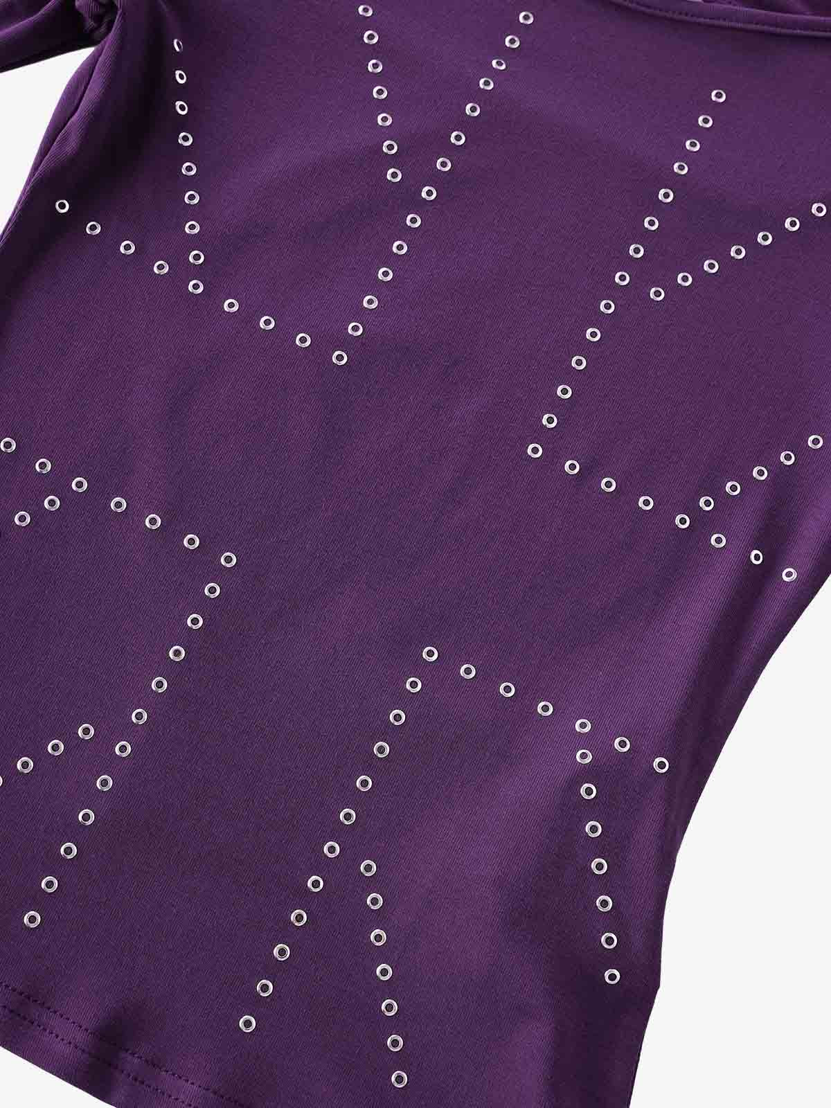 Eyelet Detail Off-Shoulder Long Sleeve Tee; Purple / S, Purple / M, Purple / L