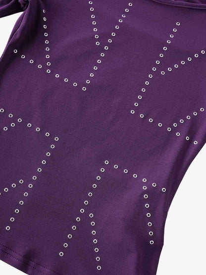 Eyelet Detail Off-Shoulder Long Sleeve Tee; Purple / S, Purple / M, Purple / L