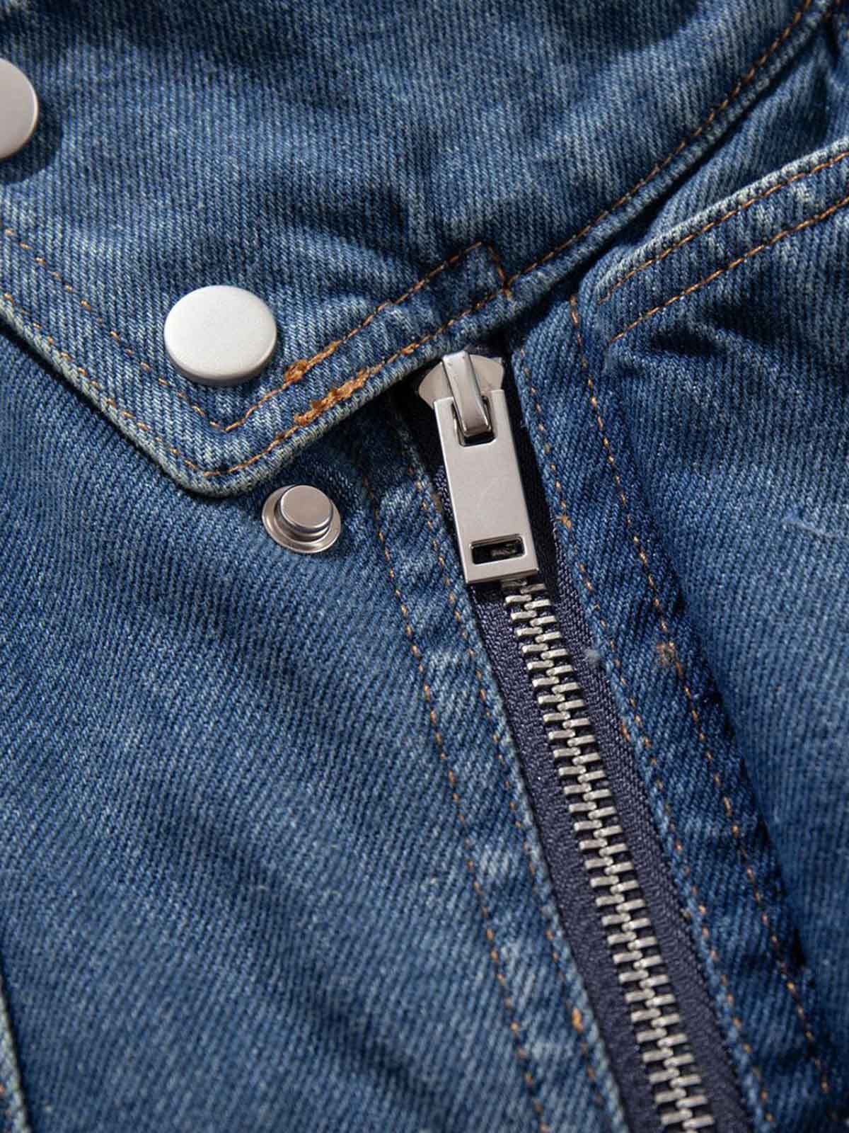 Metal Buckle Paneled Denim Jacket; Blue / M, Blue / L, Blue / XL, Blue / 2XL
