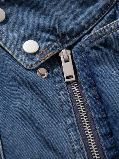 Metal Buckle Paneled Denim Jacket; Blue / M, Blue / L, Blue / XL, Blue / 2XL