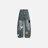 Cartoon Embroidered Vintage Washed Denim Jeans