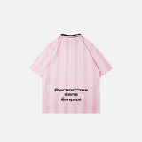 Back view of the pink Vintage Loose Polo Stripes T-Shirt in a gray background 