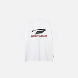 Front view of the white "Spiky Head" Letter Print T-shirt in a gray background 