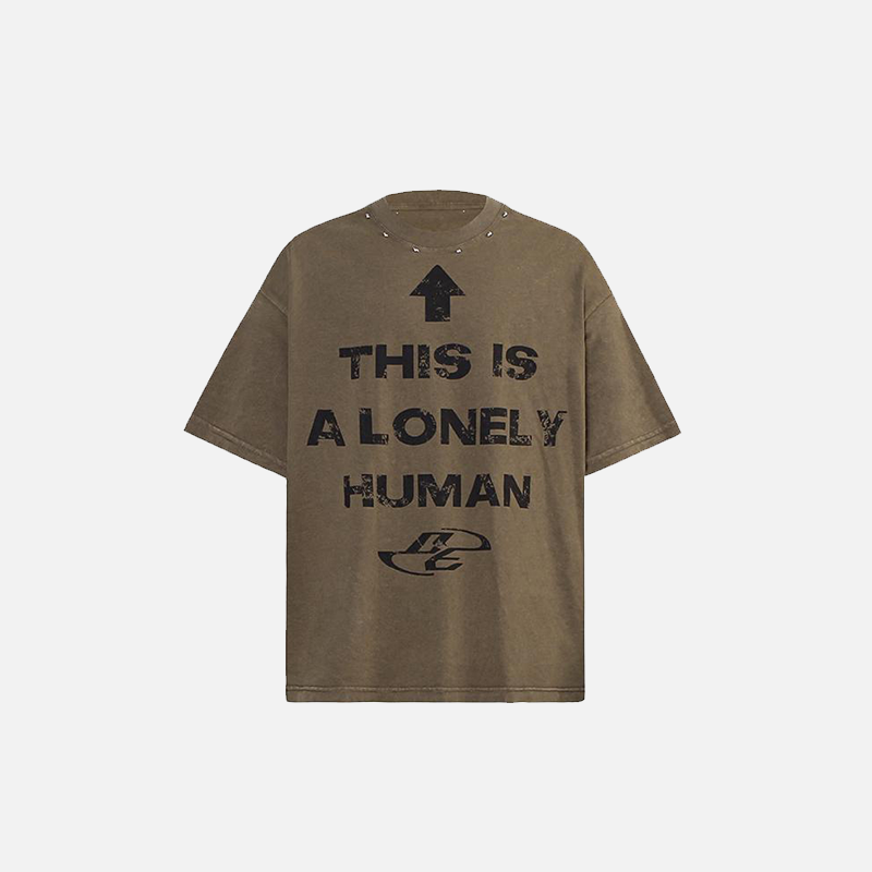 Front view of the brown Loose Printed T-shirt in a gray background
