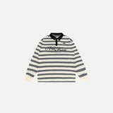 Front view of the apricot Classic Striped Rugby T-shirt in a gray background