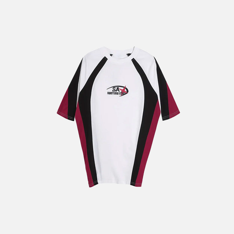 Front view of the white Retro Star Embroidery Sports T-shirt in a gray background 