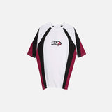 Front view of the white Retro Star Embroidery Sports T-shirt in a gray background 