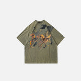 Front view of the khaki Storm Riders Gothic T-shirt in a gray background