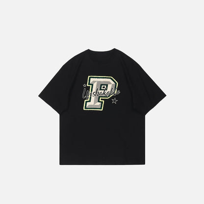 Front view of the black Loose Short-sleeved Classic T-Shirt in a gray background 