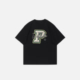 Front view of the black Loose Short-sleeved Classic T-Shirt in a gray background 
