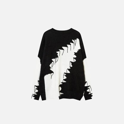 Back view of the white Loose Knitted Color Contrast Sweater in a gray background