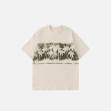 Front view of the beige The Island Graphic T-shirt in a gray background 